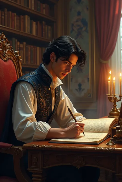 A tall prince with dark hair and fair skin writing a story 