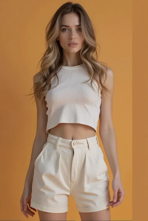 a Young woman in a white top and legging shorts posing for a picture, crop top, physical : tinyest midriff ever, wearing a sexy cropped top, croptop, tinyest midriff ever, wearing crop top, white top, white halter top, wearing a cropped top, exposed midrif...