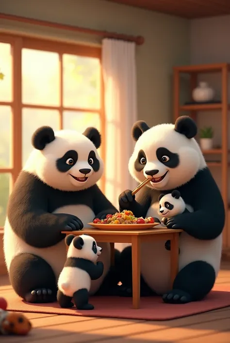 A happy panda family, consists of a panda father, mother panda, and two panda cubs, enjoying dinner in a comfortable home.