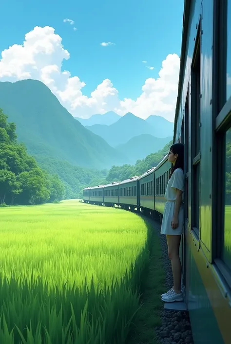 A wide landscape featuring a train moving through a lush green field of rice with the backdrop of tall, forested mountains. The scene is set under a clear blue sky with light clouds. The train is traveling horizontally, surrounded by vibrant natural scener...