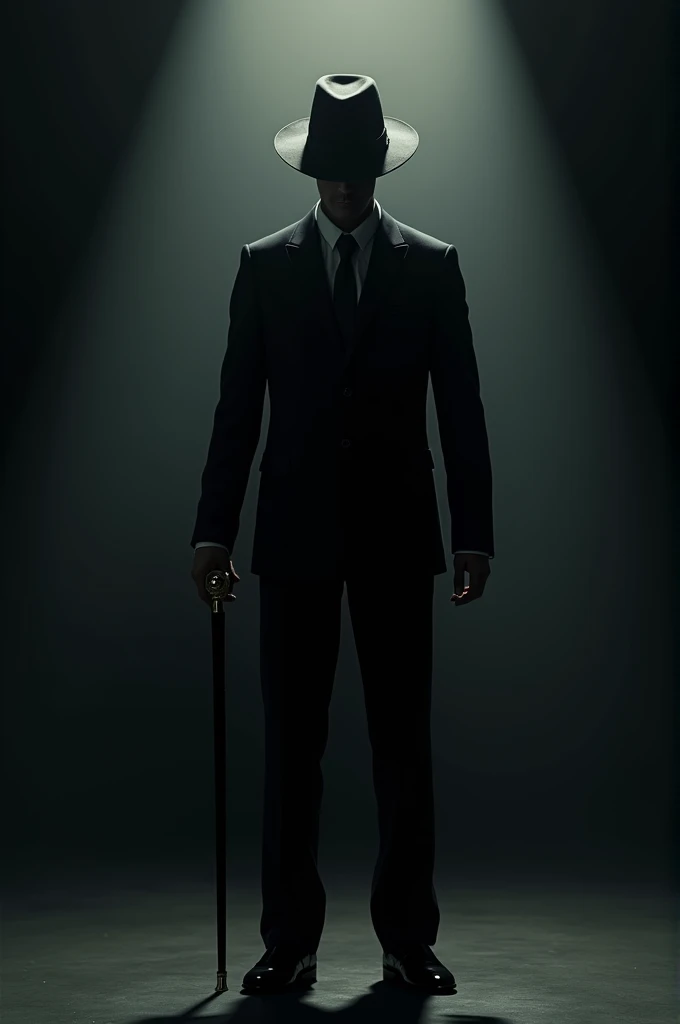 Create me an image of a tall man in a black suit, black hat and a cane 