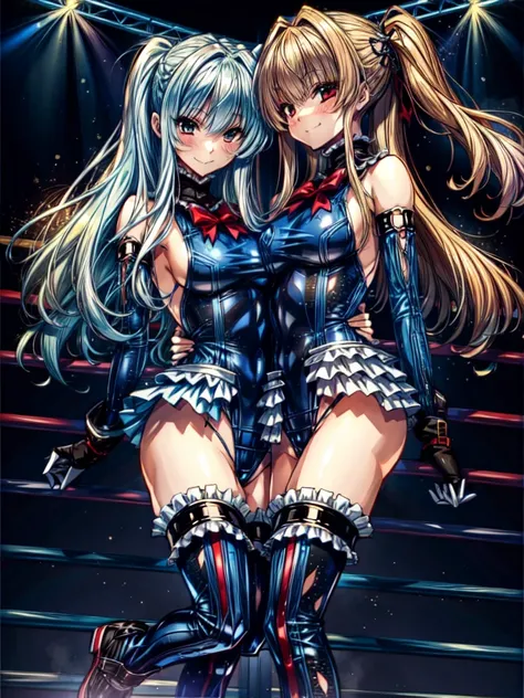 Perfect Anatomy, Highest quality, Wicked Smile,Provocative attitude
,(In the fighting ring:1.2),Wicked Smile,Anime Style,(((Frilled swimsuit, Knee socks, Removed sleeve))), (Anime Style:1.4) ,
Silver Hair,(White fingers:1.1,Black gloves),Very long hair,Evi...