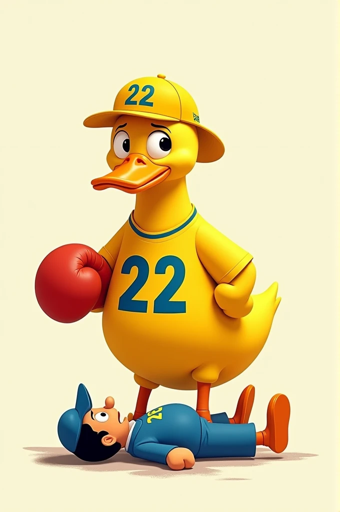 An image of a yellow duck with a yellow shirt and a cap and both have the number 22 on them., the duck holding a boxing glove knocking out a man in blue named Zé do Cartão 