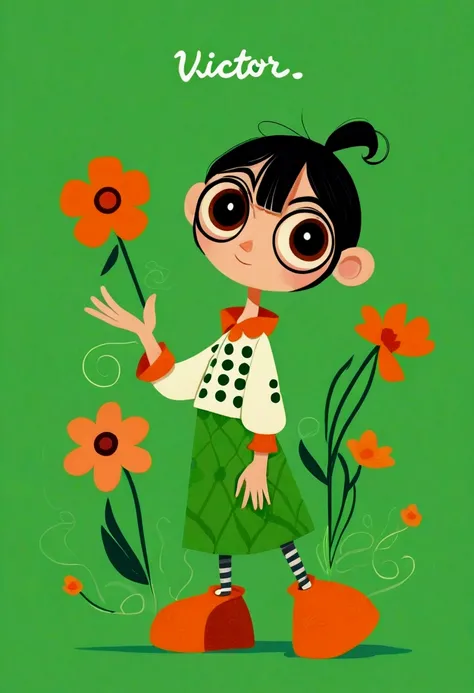 Victor Nye，Class Representative，&#39;style, Beautiful details，simple，Modern，advanced，Lovely，Color blocking，Flowers，orange，light green，grid，Wire，illustration，vitality，Pixar，Clean background。，Flat vector。Illustration.