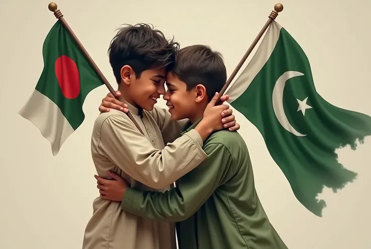 A Bangladeshi boy grabs a Pakistani boy, they Muslim in a love ther flag in ther cloth 