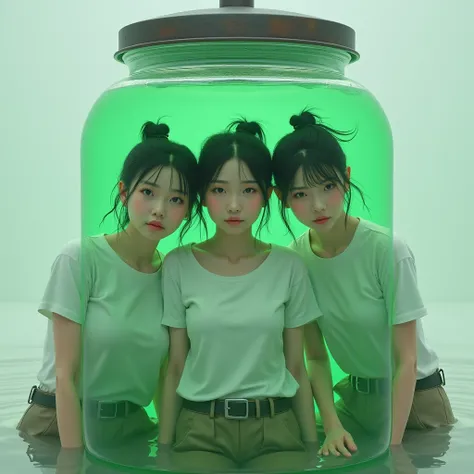 A group of beautiful Korean women with smooth, clean white skin ,well-groomed face, sad and realistic woman ,black hair tied up in a Korean style bun with a ribbon, , wearing a white t-shirt and brown cargo pants, Eyes looking at the camera , and the whole...