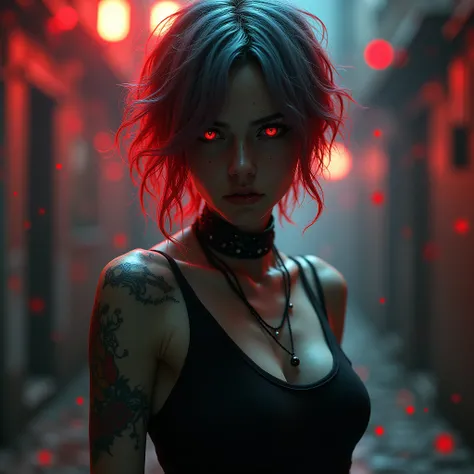 1girl, grunge girl, naked, short hair, demon, red eyes,evil silhouette, light particles, multi nuance hair, vibrant red (BOKEH), high shadow, blur background, anatomically correct, textured skin, full body, best quality, high resolution, 4k, 8k