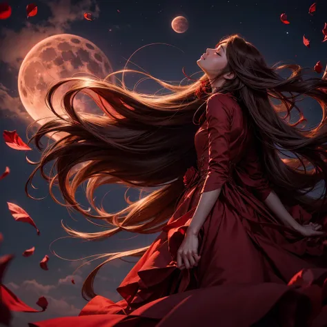 Red background　Red full moon　Very long hair fluttering in the wind. Very long light brown hair girl with eyes closed looking up at the sky. Profile、whole body、A black long dress, roses and rose petals fluttering about, a determined expression