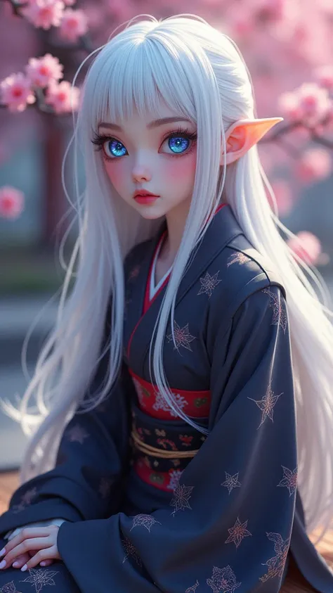 Pastel cartoon fantasy art, close-up of a vampire Queen, flowing white hair, sparkling sapphire eyes, clad in a dark, intricately patterned kimono, seated gracefully on a tatami mat surrounded by cherry blossom trees.(LEOSAMs MoonFilm | Film style realisti...