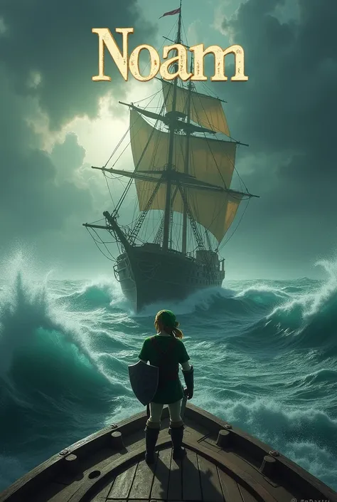 Créer une image de link du jeu zelda sur un bateau avec le prénom noam en alphabet zelda en haut dans la tempête 