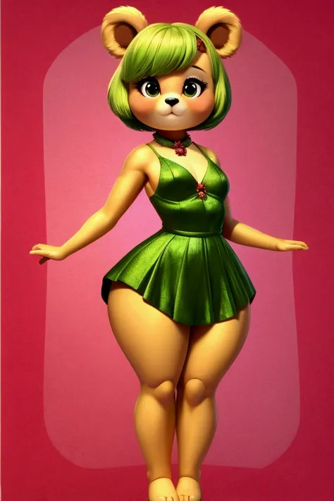 Little slim female teddy bear with nice big thighs very very very big and green fur and she is wearing a short dress with a full body mini skirt and she is a toy and she has life.