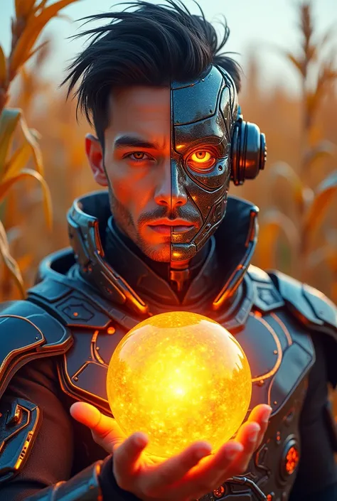 make me a very bright and golden brown man and a little serious, with the futuristic background, and half of your face is human and half is robotic, and in his hand he is holding a very bright, powerful and beautiful orange colored sphere.  I want more fri...