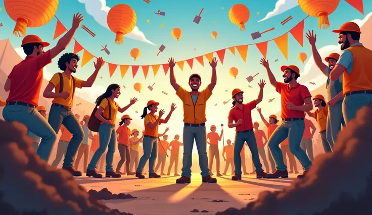 Imagine a Labor Day celebration bursting with color and energy, dedicated to honoring the hardworking laborers. Picture a scene filled with fluttering colorful flags, bright balloons floating above, and festive banners and streamers adding to the lively am...