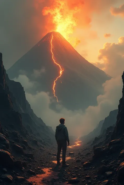 Create an image where you see a person at the beginning of a volcano looking at the top where the volcano represents life and how difficult it is to reach the top which represents a stable life., The person will be on the slopes of the volcano surrounded b...