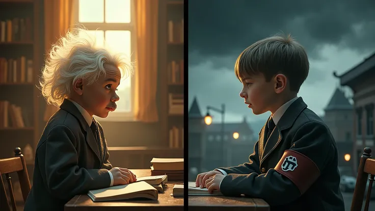 /imagine prompt: A split-screen image showing young Albert Einstein and Adolf Hitler, both born on the same day, but miles apart. On the left, Einstein is depicted as a curious child surrounded by books and light, while on the right, Hitler is shown in a d...