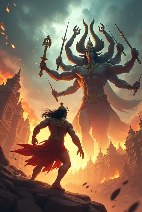 In Cinematic 3d cartoon styles "
Prompt: A large-scale battle scene set in the city of Lanka. Ram, with a radiant aura, is seen engaging in combat with Ravan, who is depicted with multiple heads and arms. The background includes the grand architecture of L...