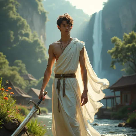 a young 20-year-old german young boy with a slim30kg weight and 180cm height, thin body, bare-chested wearing a white silk cloth blowing in the wind,standing proudly with both hands on the hilt of a sword pointed to the ground, wearing ancient sandals, man...