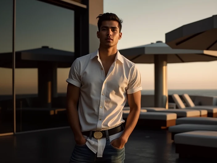 indonesian young man, male model, modern building, white sneakers, casual outfit, jeans, white ralph lauren shirt, posing for picture, photoshoot, natural, white skinned men, looking rich, big hotel terrace, view on sea