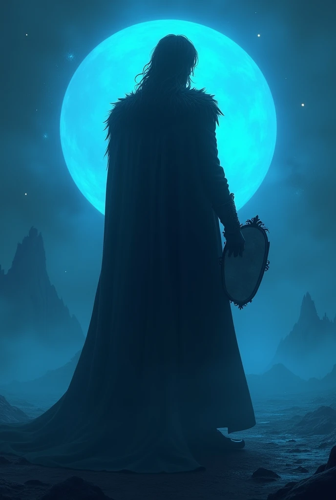 Silhouette of a tall, mysterious, dark-haired prince on a blue planet holding a mirror 