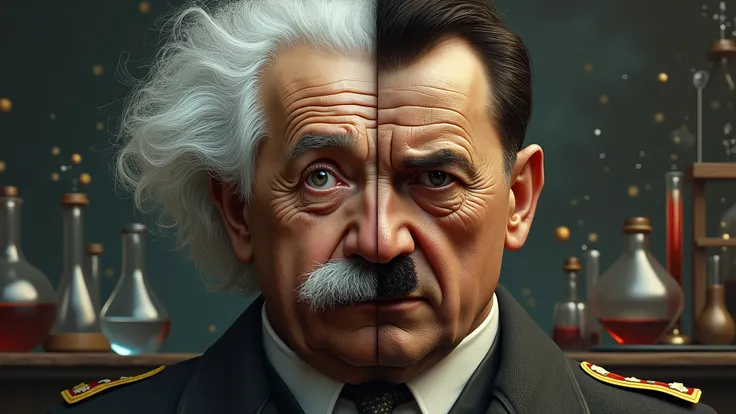 /imagine prompt: A highly detailed portrait of Albert Einstein and Adolf Hitler, both shown as young boys, with expressions that reflect their future paths. Einstein’s face is filled with curiosity and light, while Hitler’s is dark and brooding, the backgr...