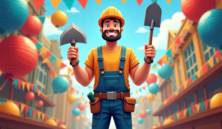 Imagine a Labor Day celebration bursting with color and energy, honoring the dedication of workers. Picture a lively scene adorned with vibrant flags, bright balloons, and festive banners and streamers. The area is decorated with colorful paper lanterns an...