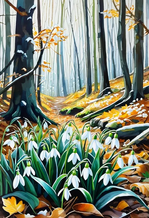 Gouache painting, snowdrops in the forest with last years fallen leaves, early spring, in the style of artist Livio Mozhin, detailed gouache painting, 