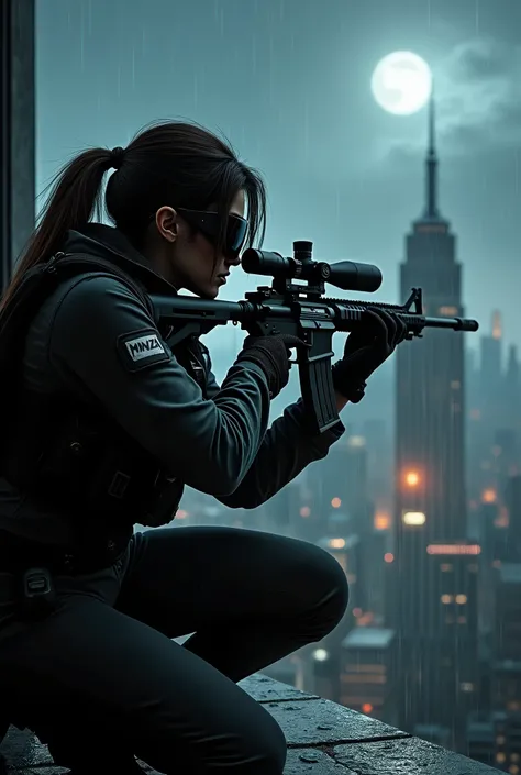 a female sniper veteran assassin, aiming silently at her target from a high-rise building at midnight, (best quality,4k,8k,highres,masterpiece:1.2),ultra-detailed,(realistic,photorealistic,photo-realistic:1.37),dramatic lighting, moody atmosphere, dramatic...