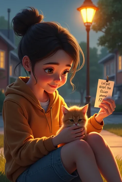 Emma takes off her jacket and makes a little bed for Oliver. She holds up a flyer with her phone number and writes, “Lost Kitten – Call if found.” She attaches the flyer to a nearby post.