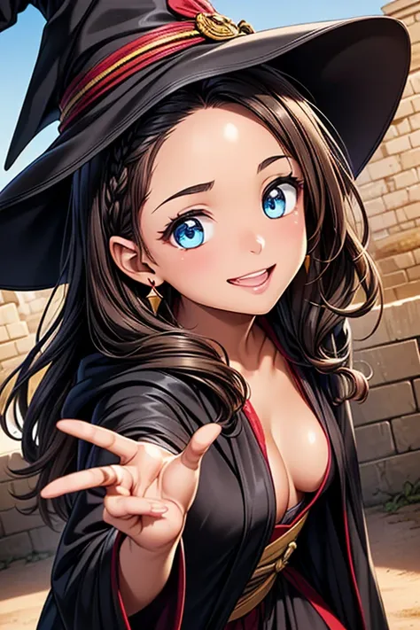 Girl posing for photo, animeのcute少女, ((One Girl)), ((Baby Face:1.3)) + ((cute:1.3)), 
BREAK 

((Shiny black wizard robes:1.5)) + ((Witch Hat)) + ((Very luxurious ornament)) + (Pareo),  
((Red earrings)),     
BREAK 

(Black Hair:1.2), (Bangs that expose th...