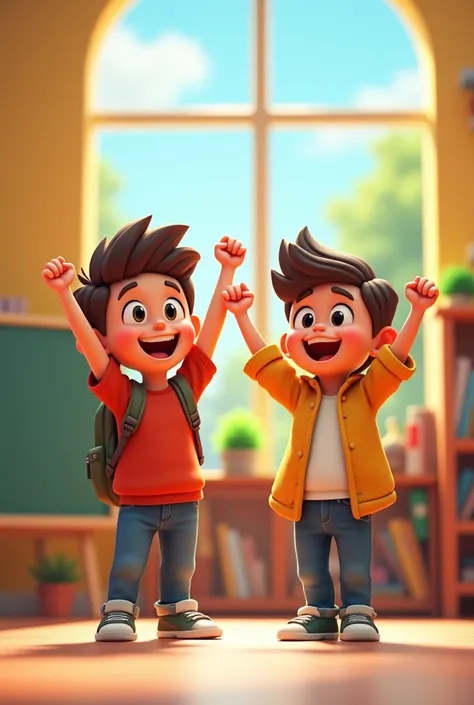 3d cartoon image two boy  pass exam