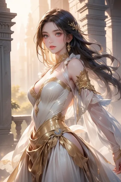 20 years old, with long black hair down to her waist, golden eyes. She wears jewelry and dresses in an antique style, donning a long white dress with golden details. She wears elegant gladiator sandals. She possesses golden powers and has a golden-themed b...