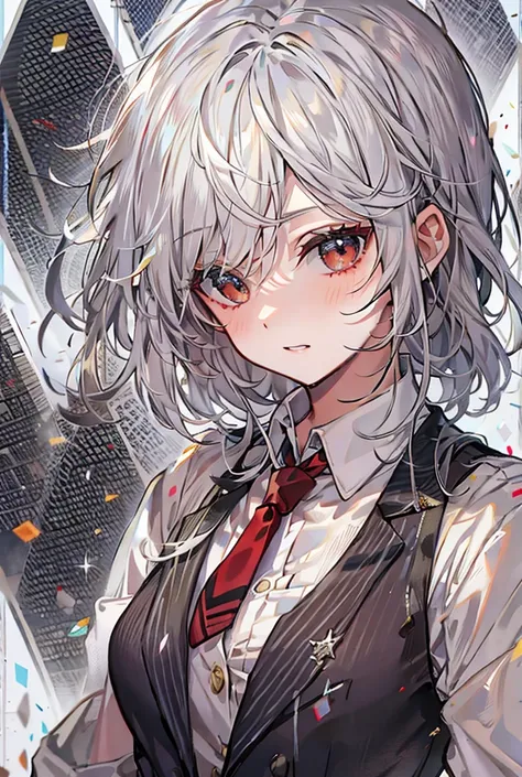 Textured skin, Highest quality, Shortcuts, Silver Hair, Grey Eyes, female,Wet Hair, Three white eyes, Medium Hair, Character portrait, Anime Style,Black Shirt,Black Suit,Unbuttoning,Red tie,Beige vest,Glare