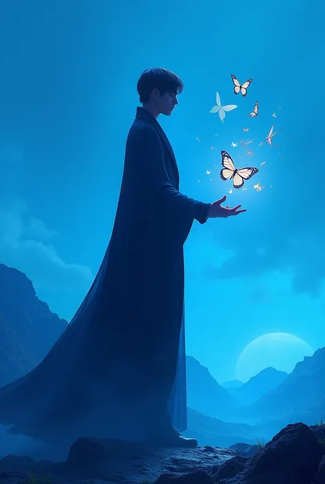 Silhouette of a tall mysterious prince with short dark hair on a blue planet holding a mirror with butterflies 