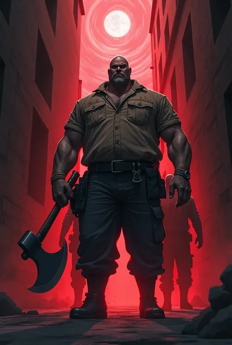 Create a 3 man, bald with little hair, holding an axe. He wears a worn bricklayer&#39;s uniform shirt and is surrounded by a red and black aura.. The scenario is a dead end, with a tense and dark atmosphere. The style is anime, with a dramatic and sinister...