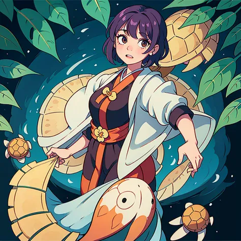 kimono，Girl playing with a turtle,Girl holding a turtle,Girl like a boy