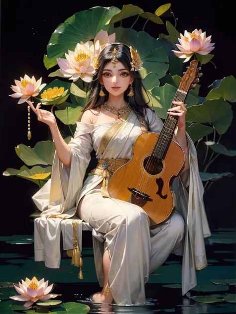 ((masterpiece)), (Photorealistic), (High resolution, Best Quality, Super detailed), (Highly detailed face:1.2, unparalleled beauty, very beautiful face),
Lotus flower, ((lotus flower blooming on water:1.2)), Hindu taste Lotus religious painting, ((lotus fl...