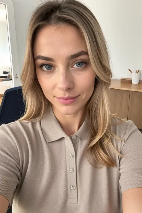 belle femme de 4 ans aux yeux bleus, blonde aux racines brunes, cheveux en chignon avec des vrilles, regarder directement la caméra, très réaliste, selfie instagram, Visage en gros plan, À la maison, polo moulant à col roulé rentré dans du beige taille hau...