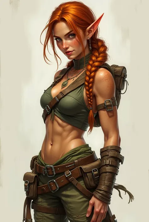 Drawing of an explorer female Wood Elf, with masculine appearance, copper colored braided hair, clear eyes and tanned skin, freckles on the nose. Standing on the side