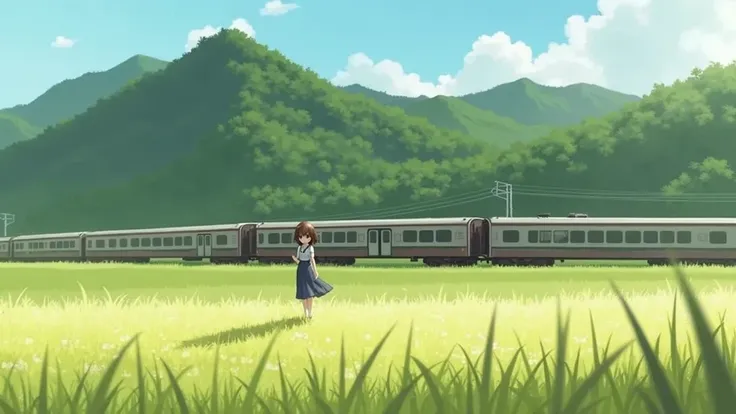 A wide landscape featuring a train moving through a lush green field of rice with the backdrop of tall, forested mountains. The scene is set under a clear blue sky with light clouds. The train is traveling horizontally, surrounded by vibrant natural scener...