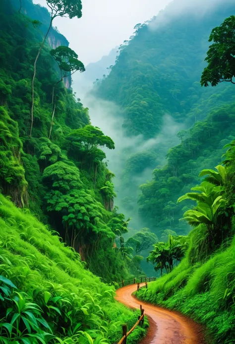 Tree climbing up a hill々There is a road with。, Beautiful Vietnamese jungle, Foggy jungle, Made of wood and fantasy valley, Beautiful nature in the background, Path to a lush forest, Beautiful jungle landscape, majestic nature scenery, Time to climb the mou...