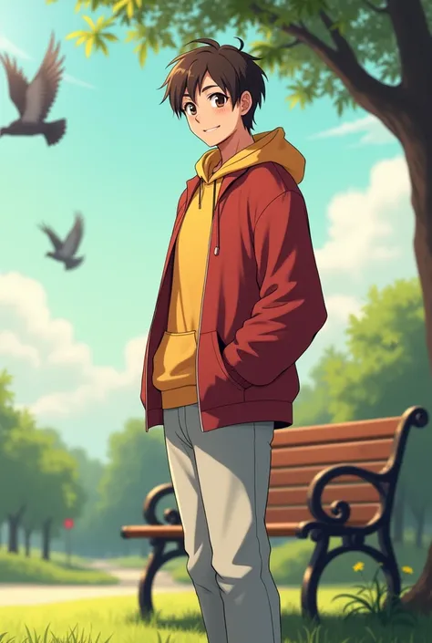 anime style(masterpiece, ultra high res, 16k uhd, high quality),low key,commute,ad,tv,standing,looking at viewer,Hoodie,masterpiece,in the restaurant,sitting,(brown hair),black eyes,turn to the back,smile,Seoul,(small head),Precise human body structure,Pre...