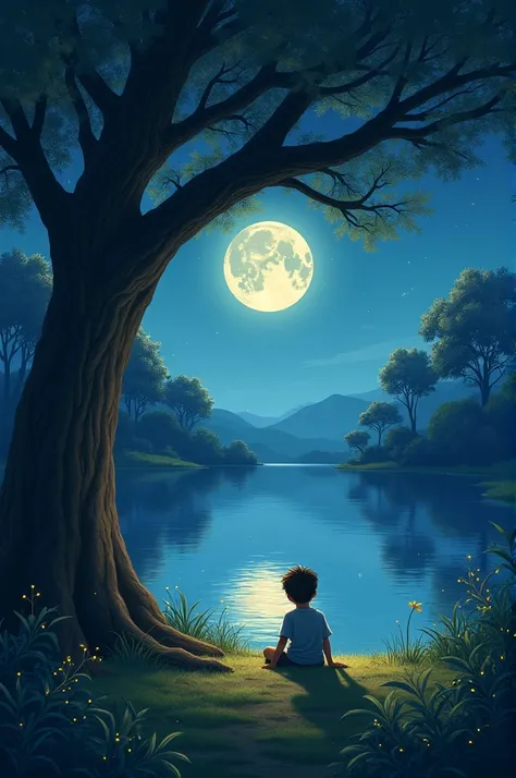 A boy sitting beneath a large tree during a moonlight night beside a lake