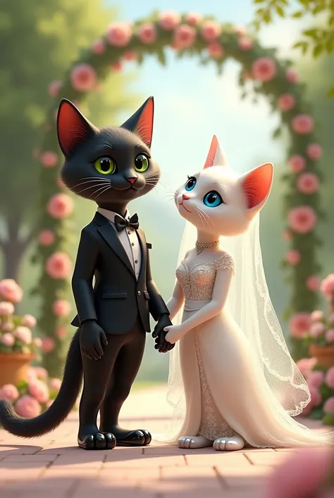 *9. Their Wedding Day** young  couple slim body 
- The black cat stands tall in a perfectly tailored black tuxedo, with a crisp white shirt and black shoes. His face shows pride and joy, his green eyes glowing with happiness. The white cat walks down the a...