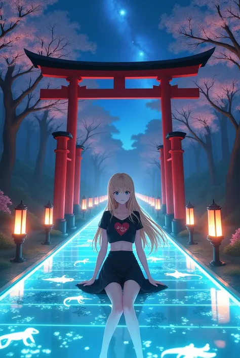  Full body, sitting on road side,1girl super pretty, luminous background, black shirt, blonde hair, big heart, croptop dress, unbuttoned, detailed face, on a glass crystal transparent road with japanese red torii as supporting pillars, glowing river undern...