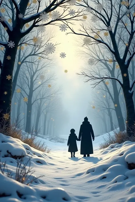 fusion of papercutting and shadow art, black construction paper images, white cut-out snowflakes and piled-up snow, snowy landscape paintings, glittering gold dust, 2.5D, delicate and dynamic effects, glitter effects, foggy filter effects, artistic, artist...