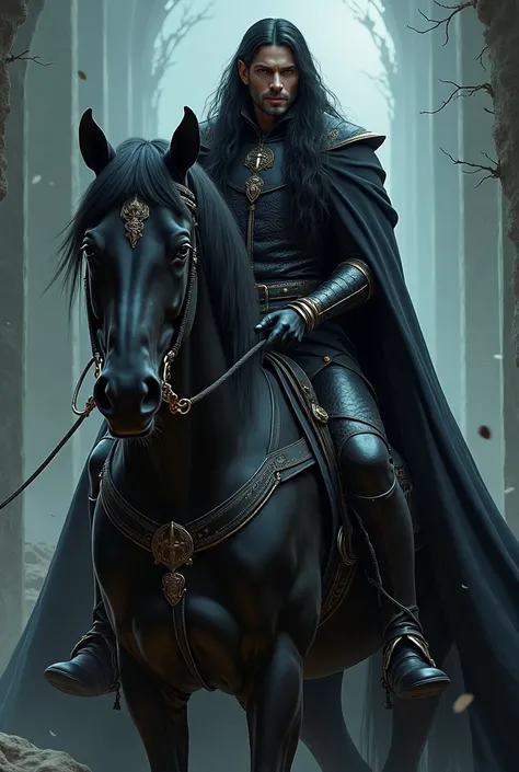 A dark-haired elf king. Chamant, Dark Aura, attractive. equestrian. Dark Horse.