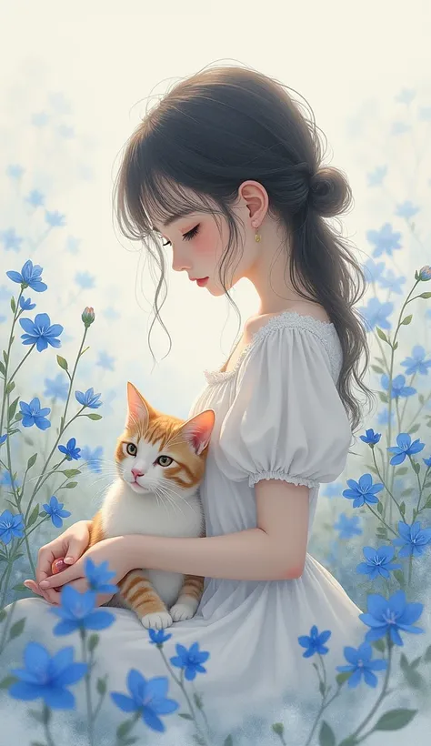 girl wearing white dress，Face slightly drooped，Eyes half open and slightly closed，Eyelashes are very long，hand holding cat，She is thinking，Background filled with blue-violet forget-me-not flowers，Myosotis，soft mist，watercolor
