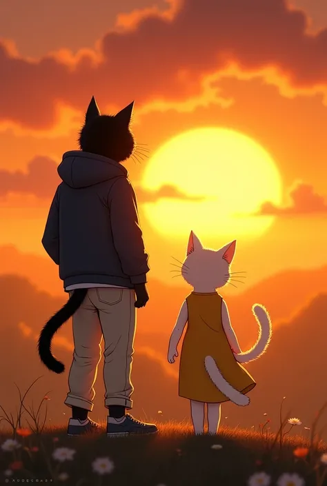 ***10. A Glorious Sunset Farewell**young cats couple 
- The couple stands on a hill, watching a breathtaking sunset. The black cat is in a casual navy jacket and white trousers, his shoes comfortably worn. His black fur and glowing eyes contrast the orange...