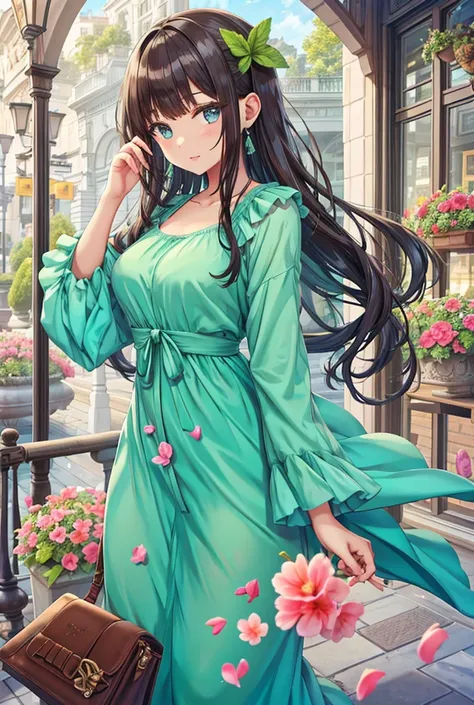 A beautiful woman wearing chocolate mint-inspired clothing，The color of the clothes is gradient，（High resolution, solo, 