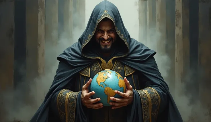 oil painting, man in ornate robe, with hoodie, hidden face, malevolent smile, He holds a globe in his hands